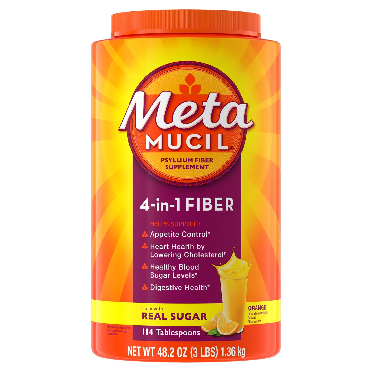 Metamucil Psyllium Fiber Powder, Real Sugar, Orange, GLP-1